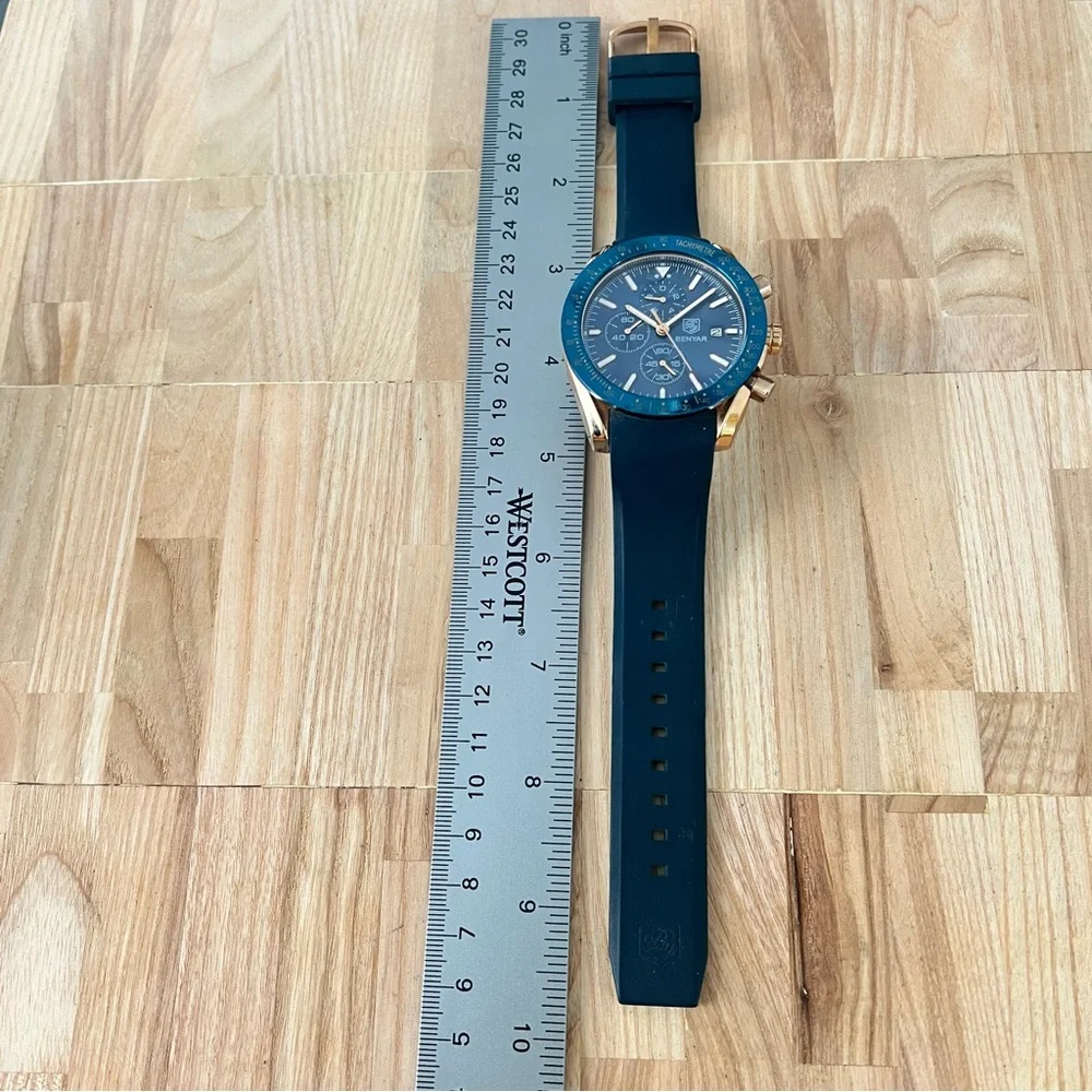 Benyar mens navy blue rose gold tone chronograph watch NEW BATTERY